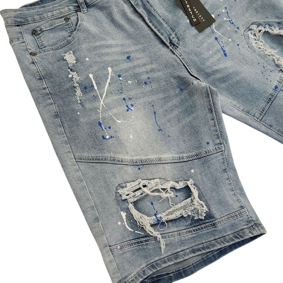 Men’s Distressed Paint Splatter Light Blue Wash Denim Shorts Size 40 - Picture 4 of 11
